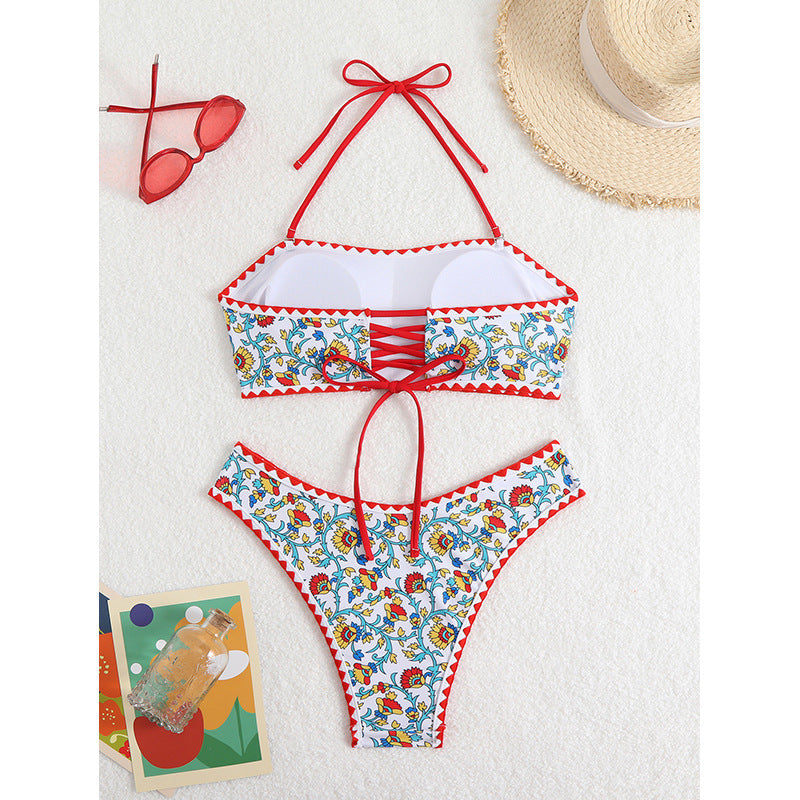 Damen Bandeau-Bikini mit floralem Muster und doppeltem Bortenabschluss Drune