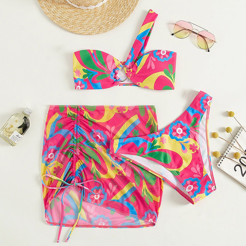 Damen Bunt bedrucktes Bikini-Set mit elegantem Wickelrock und verstellbaren Trägern Drune