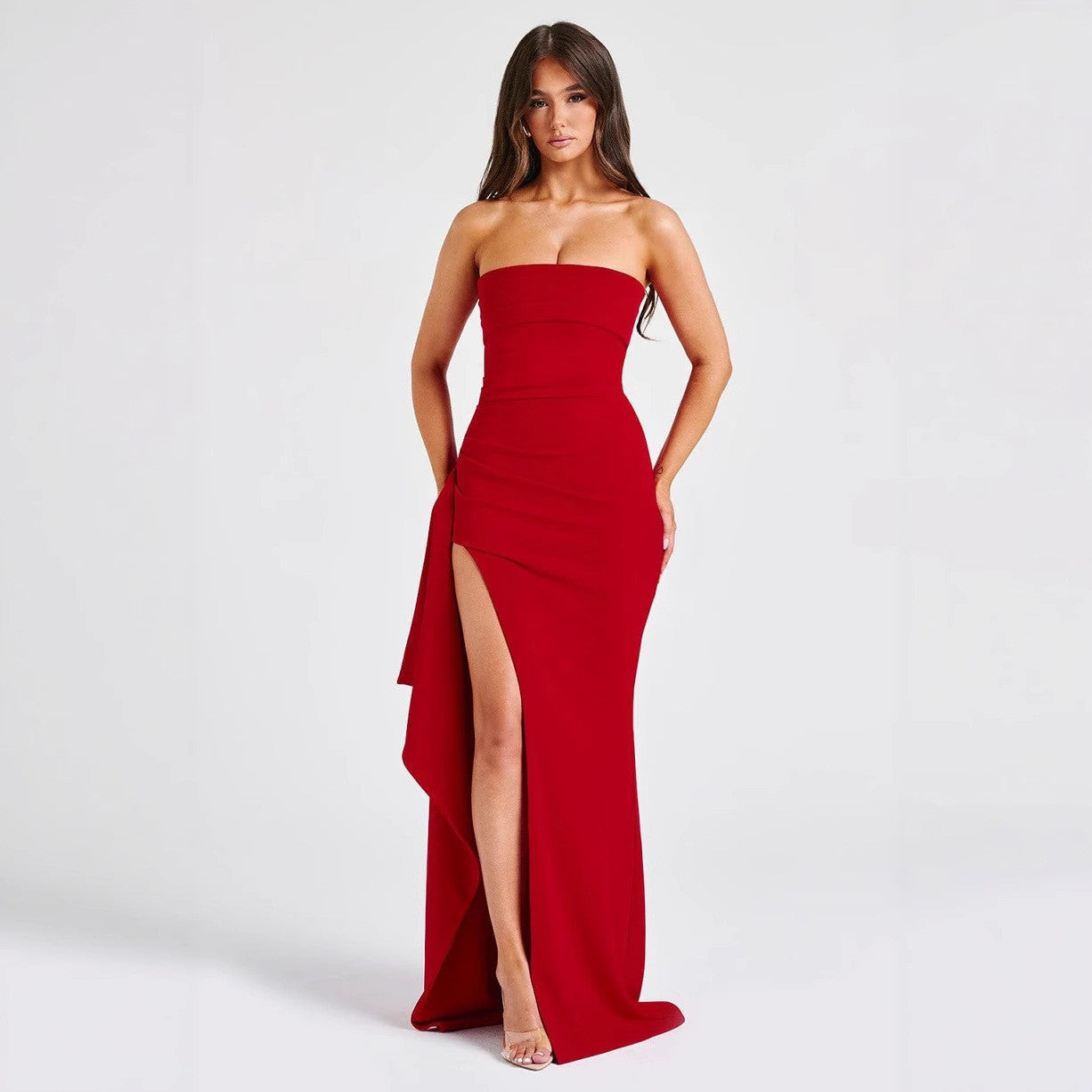 Damen Elegantes trägerloses Abendkleid mit asymmetrischem Schlitz Drune