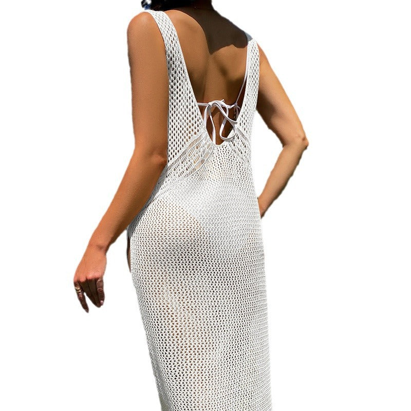 Damen Häkel-Strandkleid mit raffinierten Lochdetails und tiefem V-Ausschnitt Drune