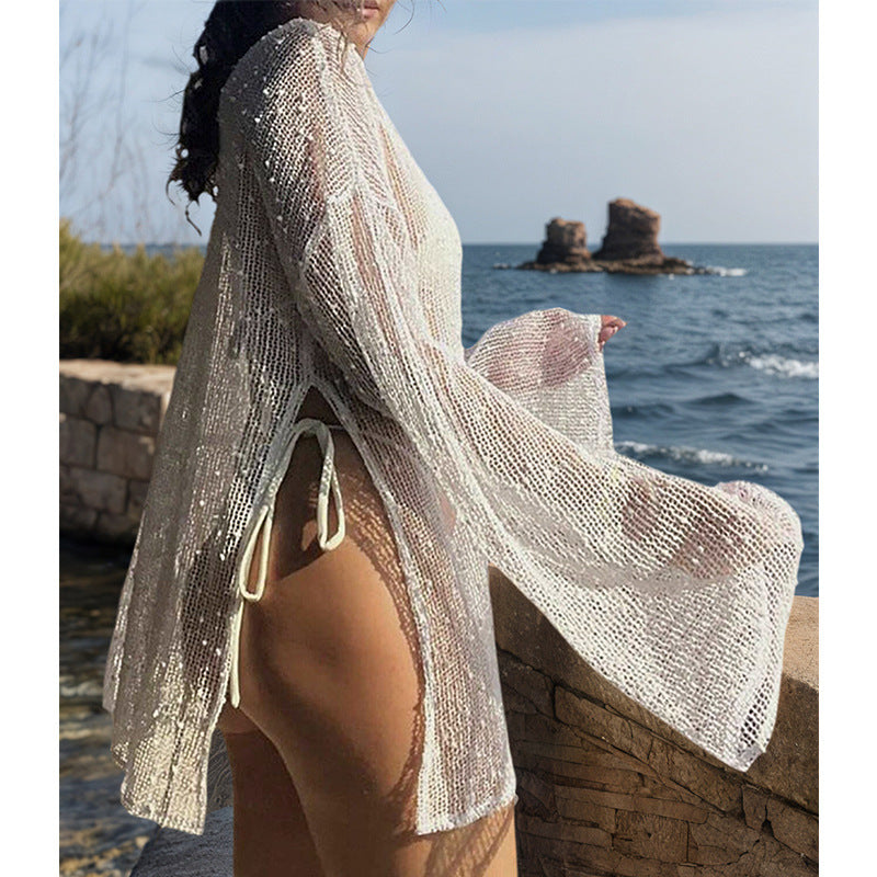 Damen transparenter Strandpullover mit modischem Netzdesign Drune