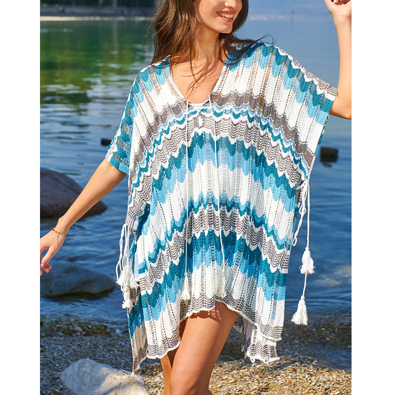 Damen lässiger Strandkimono im Wellenmuster mit offenen Ärmeln und seitlichen Schlitzen Drune