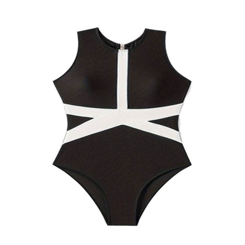 Damen Einteiler Badeanzug mit sportlichem Reißverschluss und trendigem grafischen Design Drune