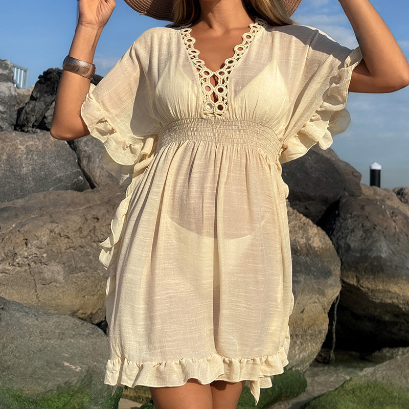 Damen luftiges Strandkleid mit Rüschendetails und vorteilhafter Schärpe Drune