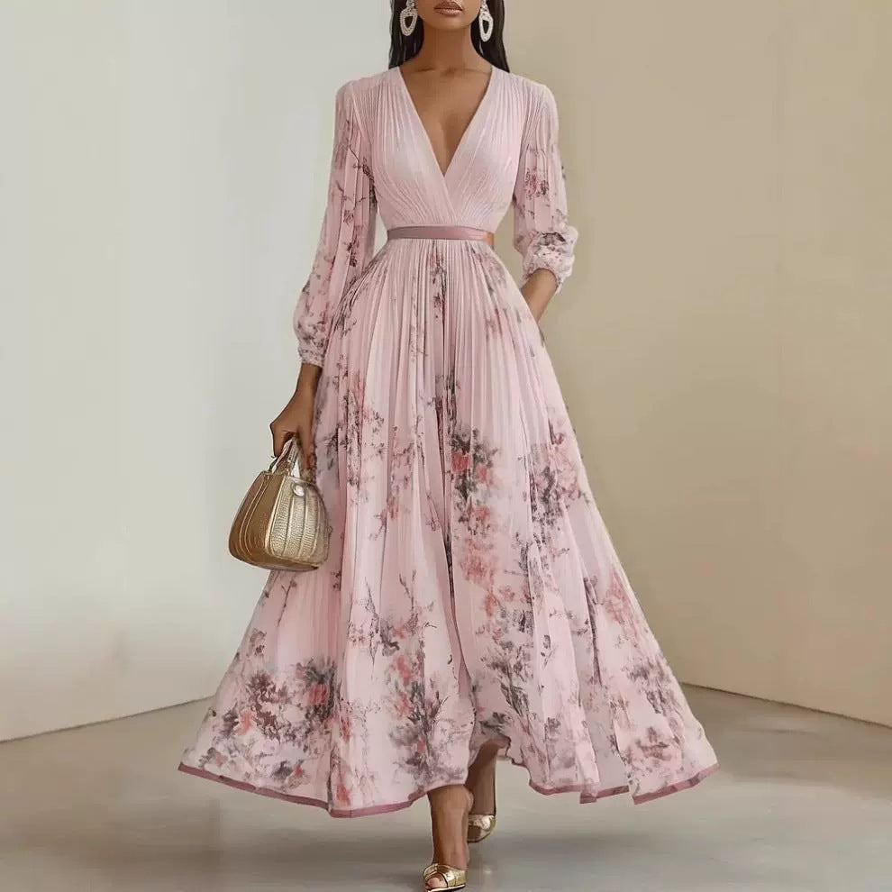 Pauline | Damen Sommer Blumen Maxikleid mit V-Ausschnitt und Langarm