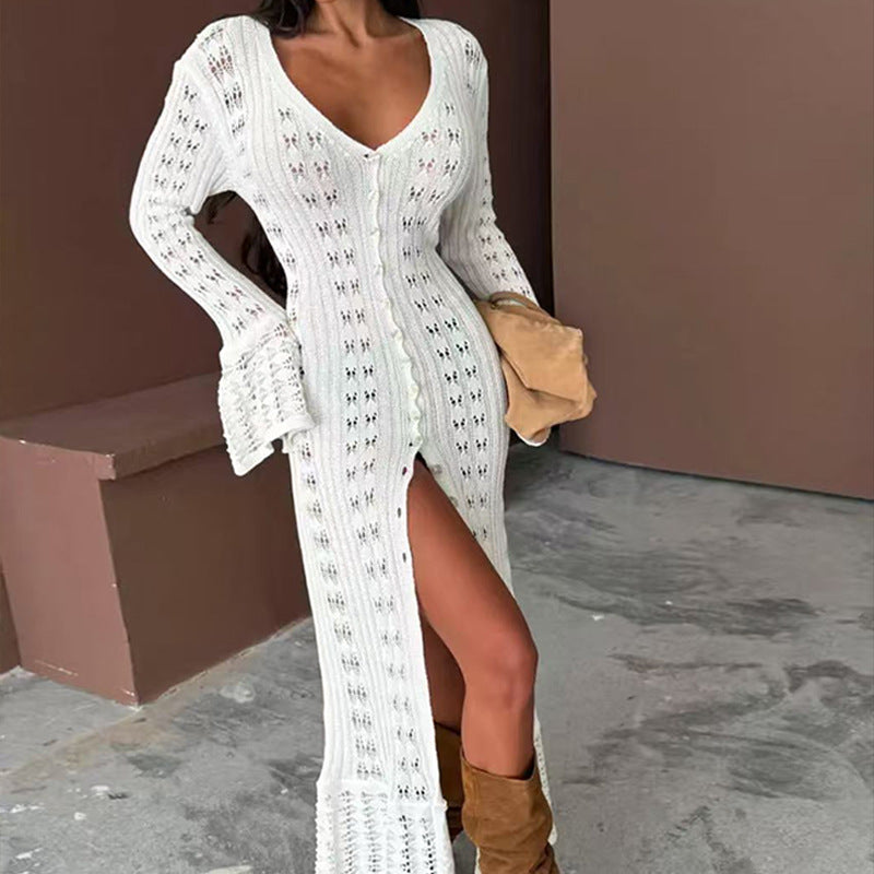 Damen Strickmaxikleid mit nostalgischem Lochmuster und elegantem V-Ausschnitt Drune