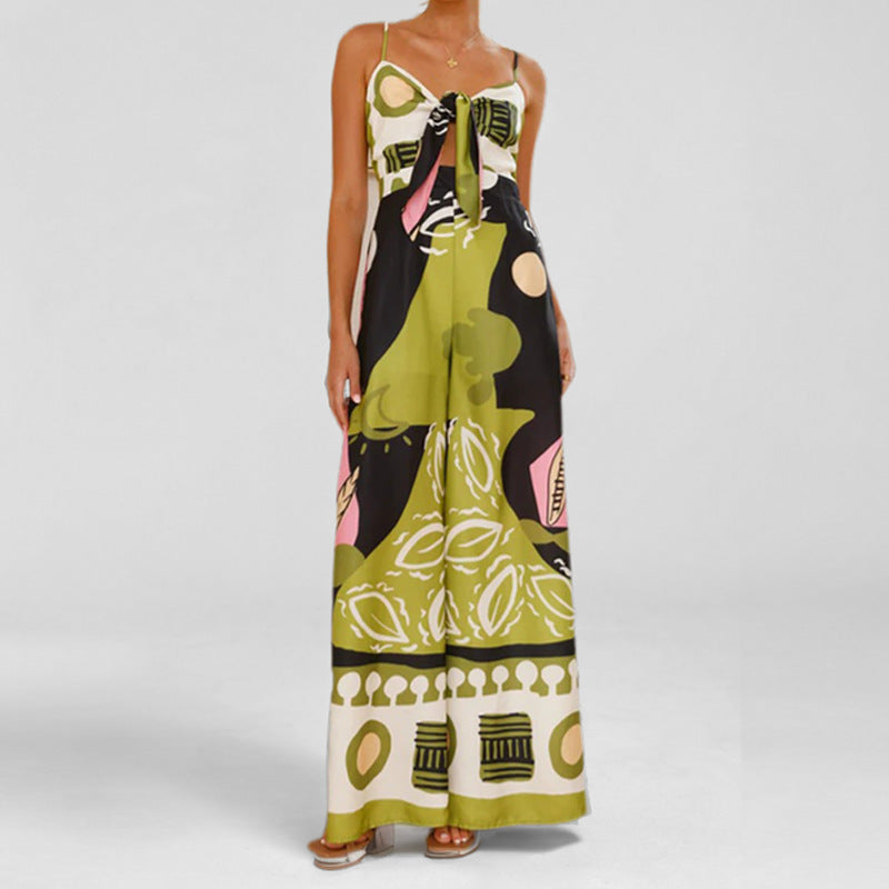Damen Sommer-Jumpsuit mit trendigem Boho-Print und raffiniertem Knoten-Detail Drune