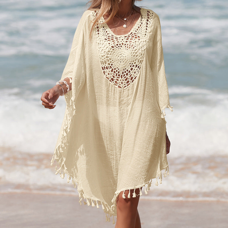 Damen Häkel-Strandüberwurf mit fransigem Saum und elegantem Lochmuster Drune