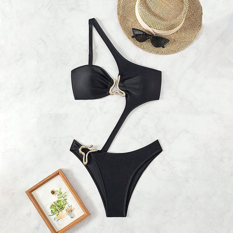 Damen Einteiliger Badeanzug mit asymmetrischem Design und elegantem Cut-Out Drune