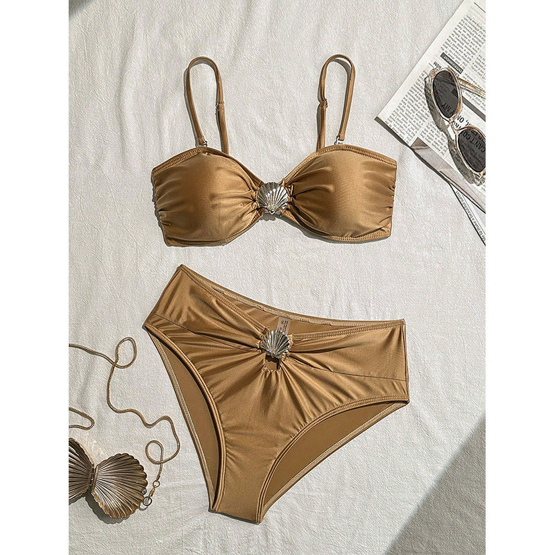 Damen Bandeau-Bikini mit elegantem Muschel-Detail und hohem Beinausschnitt Drune