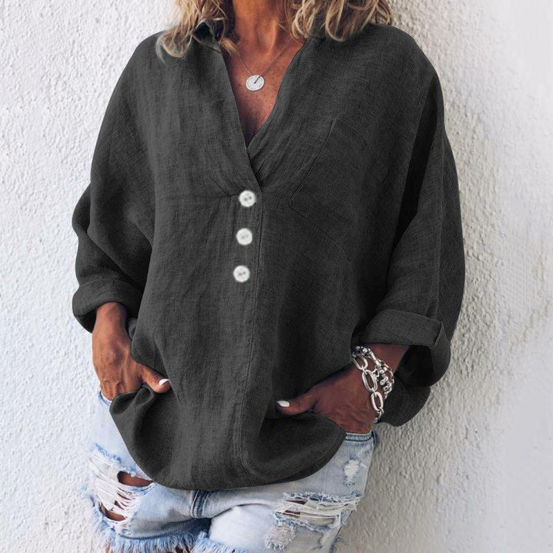 Damen Sommer Knopf V-Ausschnitt Leinen Bluse
