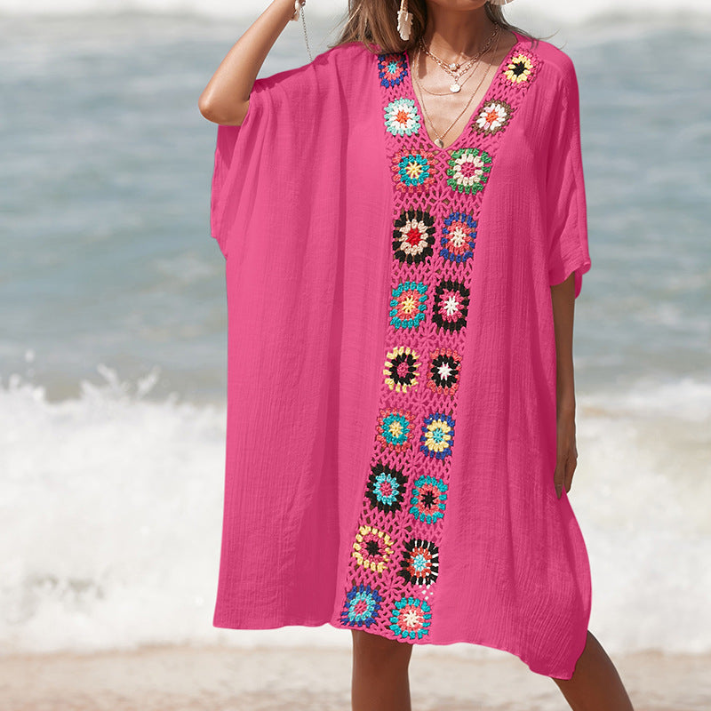 Damen Häkel-Strandtunika im lässigen Oversize-Stil mit bunten Applikationen Drune