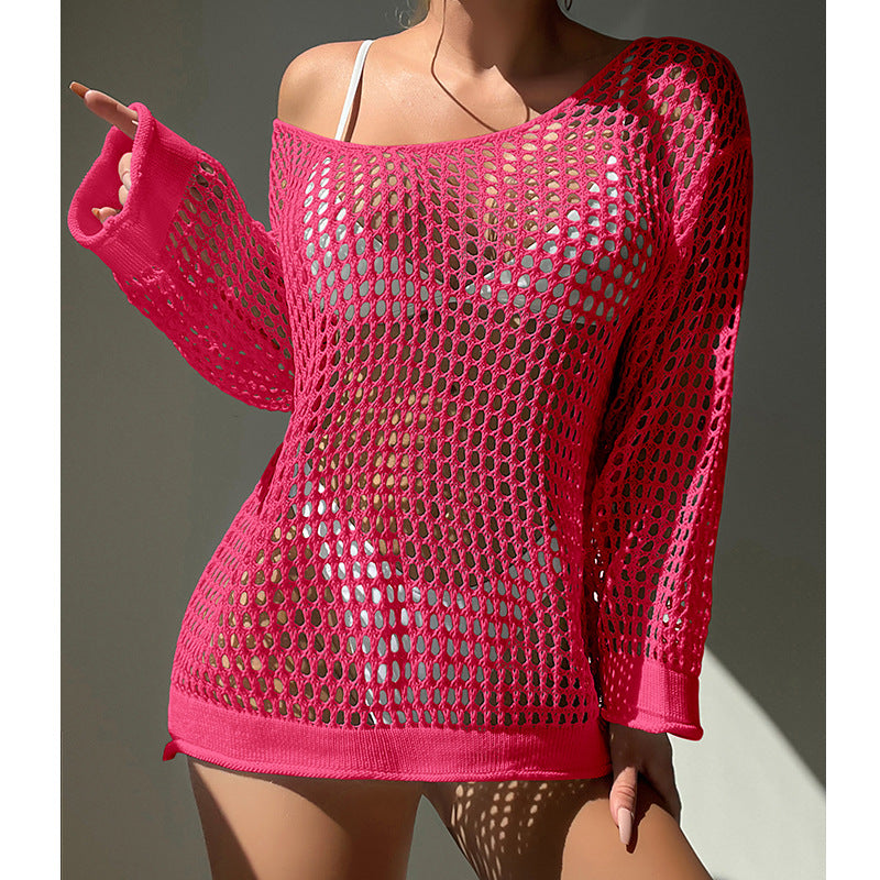 Damen luftiger Grobstrick Pullover mit weitem Schnitt und offenen Ärmeln Drune