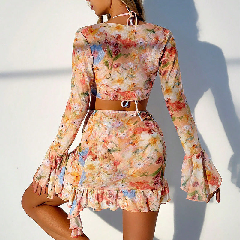 Damen Crop-Top und Wickelrock-Set mit floralen Details Drune