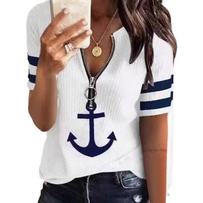 Damen Sportliches T-Shirt mit Reißverschluss und maritimen Motiven Drune