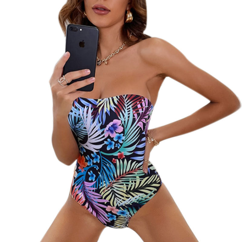 Damen Einteiler Badeanzug mit Bandeau-Ausschnitt und floralem Design Drune