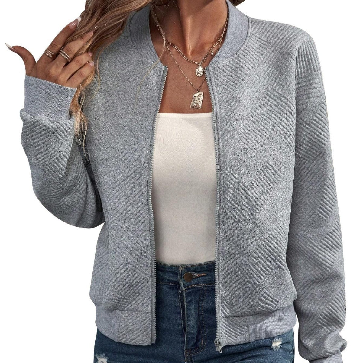 Damen lässige Bomberjacke mit feinem Strukturdesign und praktischen Taschen Drune