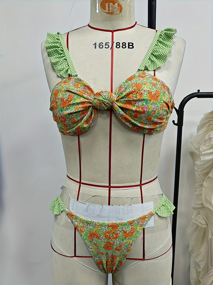 Damen Bikini mit bunten Rüschen und floralem Design Drune