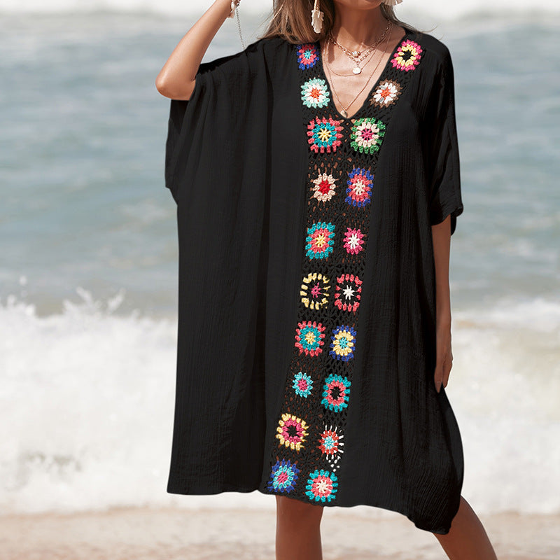 Damen Häkel-Strandtunika im lässigen Oversize-Stil mit bunten Applikationen Drune