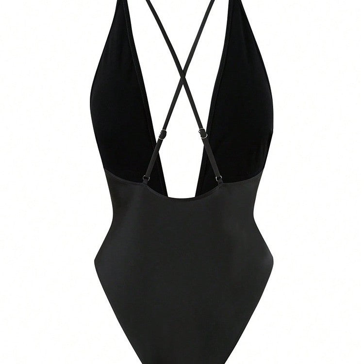 Damen Einteiler Badeanzug mit tiefem V-Ausschnitt und elegantem Gürtel Drune