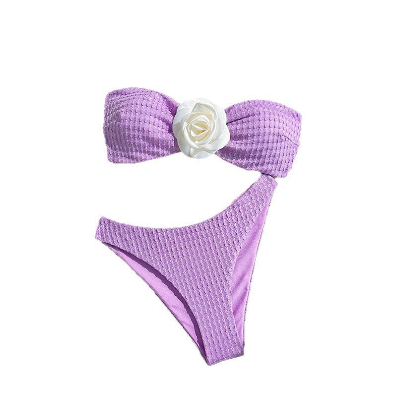 Damen Bandeau-Bikini mit dekorativen Blumendetails und hohem Beinausschnitt Drune