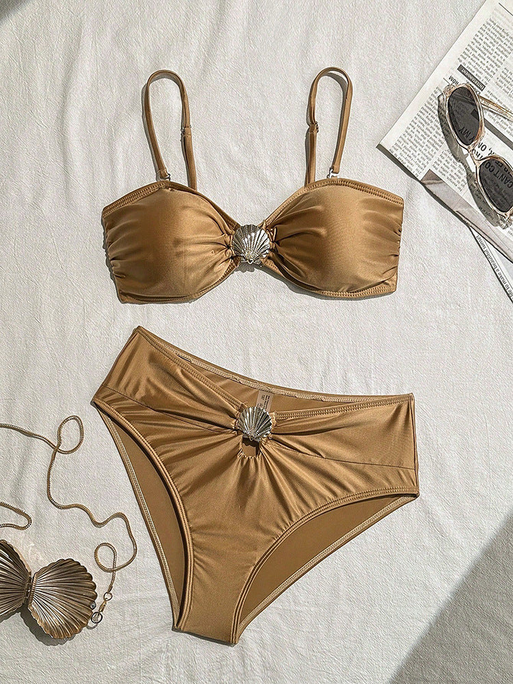 Damen Bandeau-Bikini mit elegantem Muschel-Detail und hohem Beinausschnitt Drune