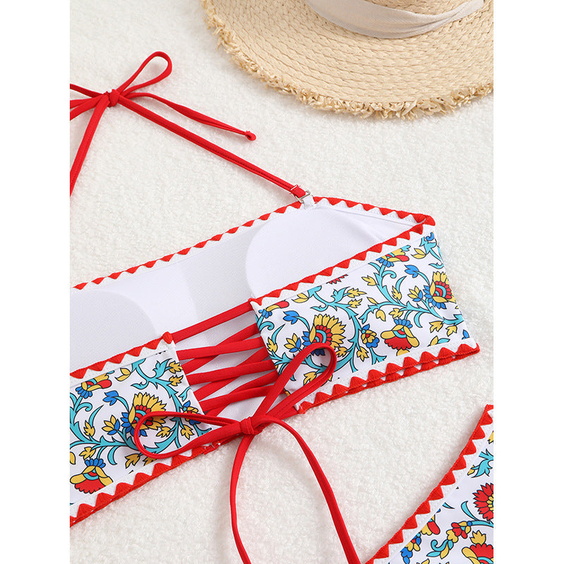 Damen Bandeau-Bikini mit floralem Muster und doppeltem Bortenabschluss Drune