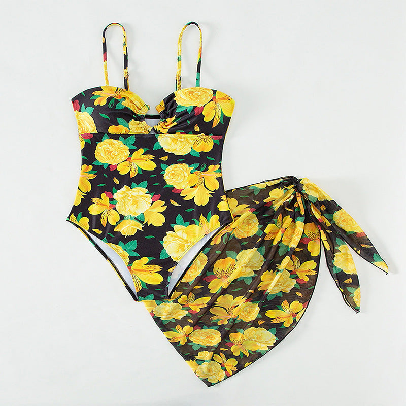 Damen Einteiler Badeanzug mit elegantem Wickelrock und floralem Muster Drune