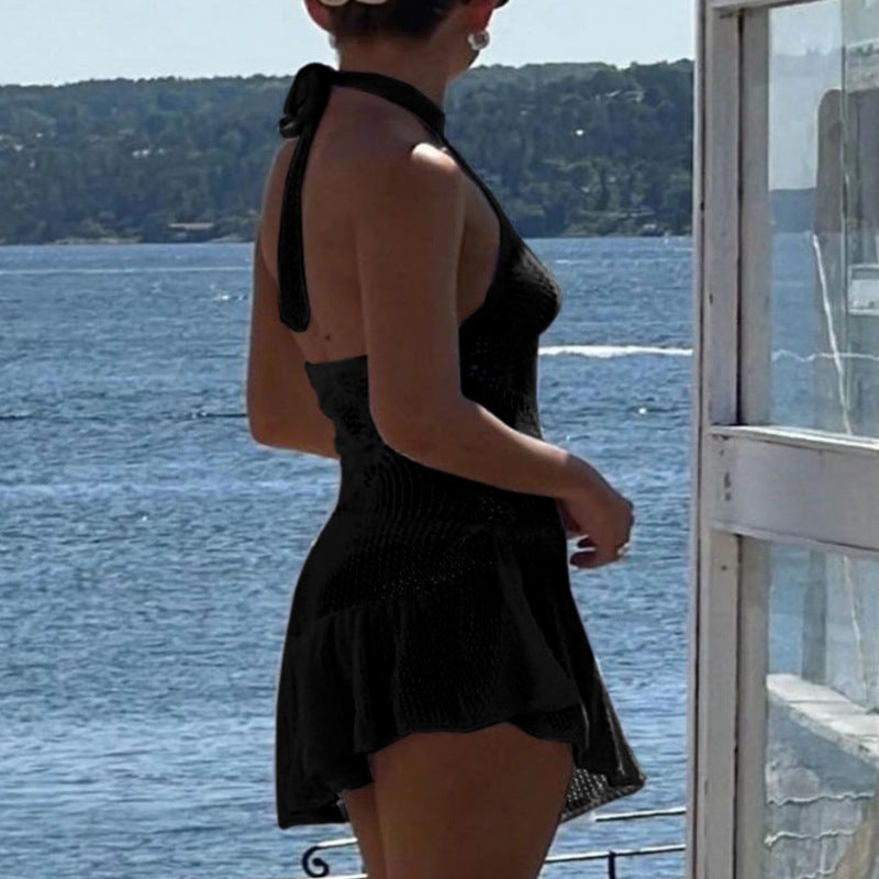 Damen luftiges Strandkleid mit feinem Häkelmuster und voluminösem Saum Drune