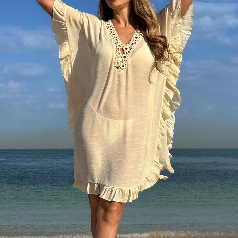 Damen Strandtunika mit elegantem Häkelbesatz und Rüschendetails Drune