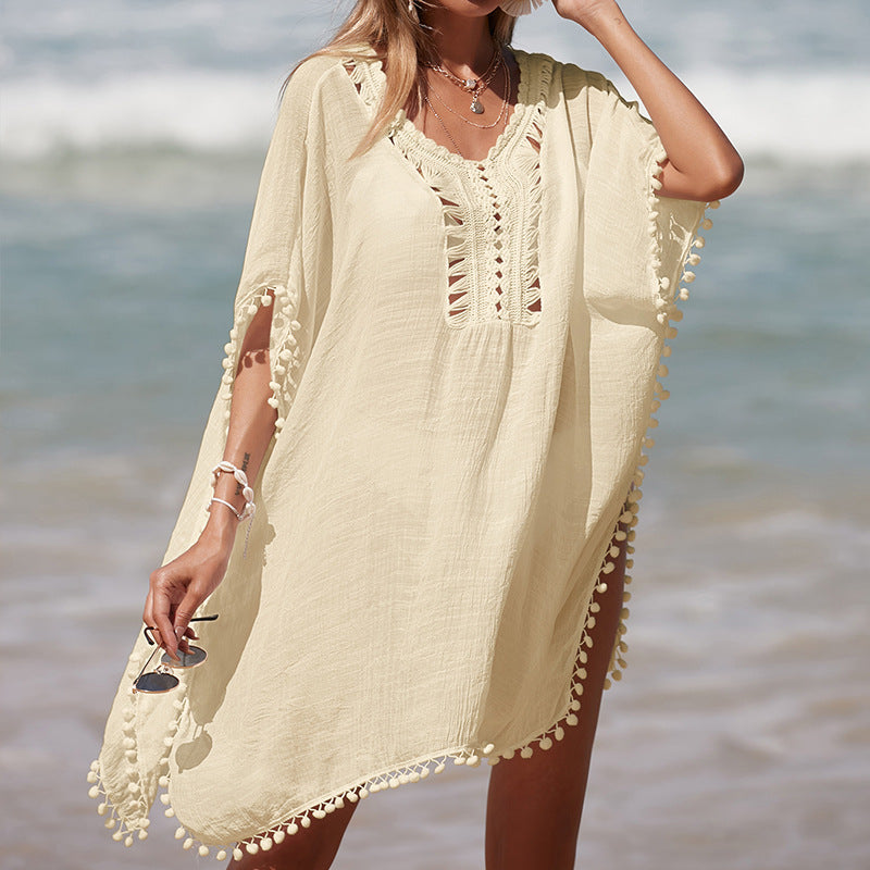 Damen luftiger Kaftan mit fransigen Akzenten und durchbrochenem Design Drune