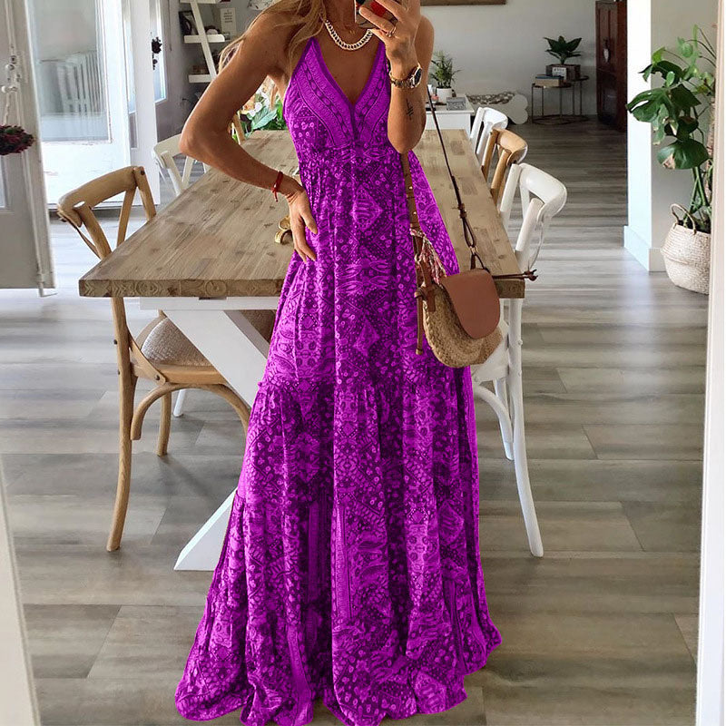 Damen Boho V-Ausschnitt Fließendes Maxi Kleid