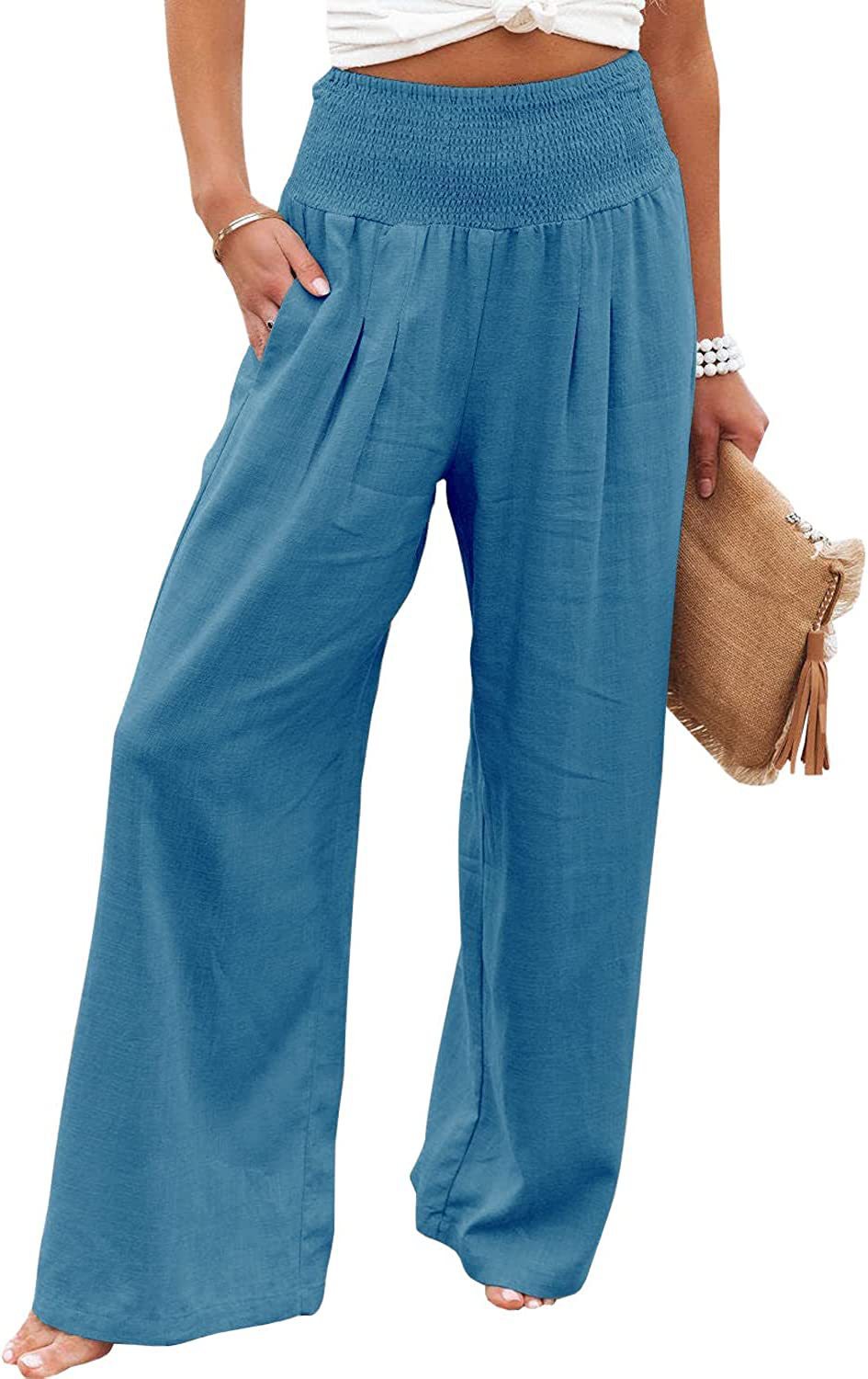 Damen lässige Palazzo-Hose mit elastischem Taillenbund und Seitentaschen Drune