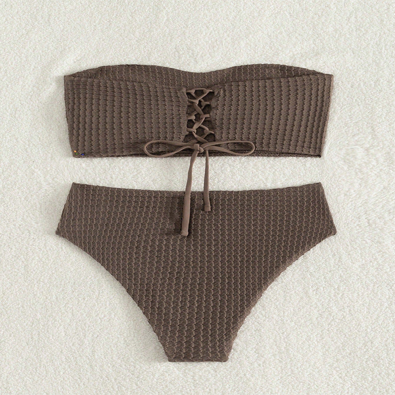 Damen Bandeau-Bikini mit raffiniertem Knoten-Design und hohem Bund Drune