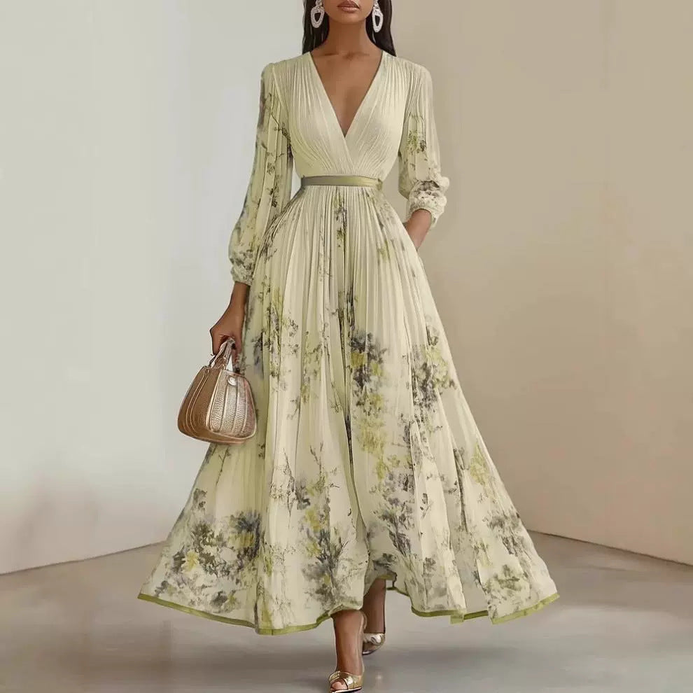 Pauline | Damen Sommer Blumen Maxikleid mit V-Ausschnitt und Langarm
