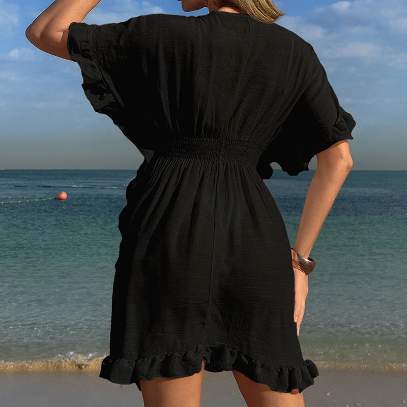 Damen luftiges Strandkleid mit Rüschendetails und vorteilhafter Schärpe Drune