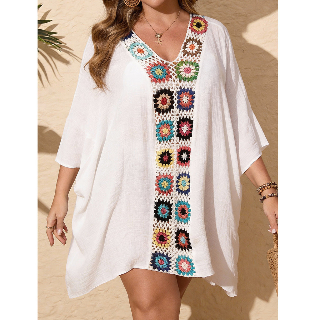 Damen Strandkaftan mit bunten Häkelelementen und V-Ausschnitt Drune