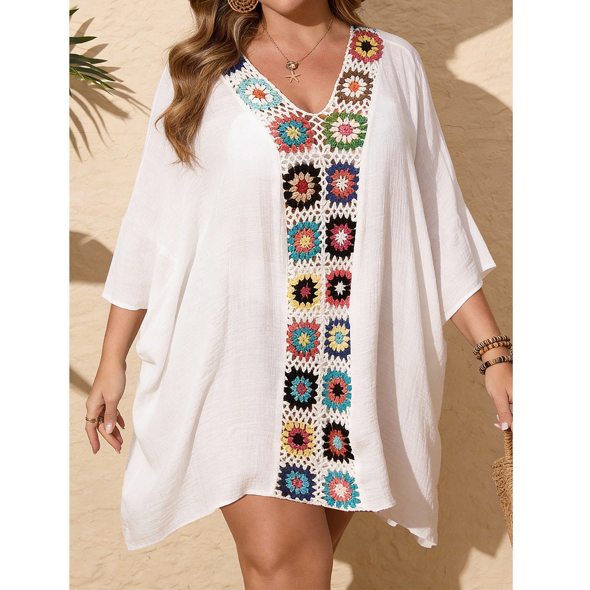 Damen Strandkaftan mit bunten Häkelelementen und V-Ausschnitt Drune