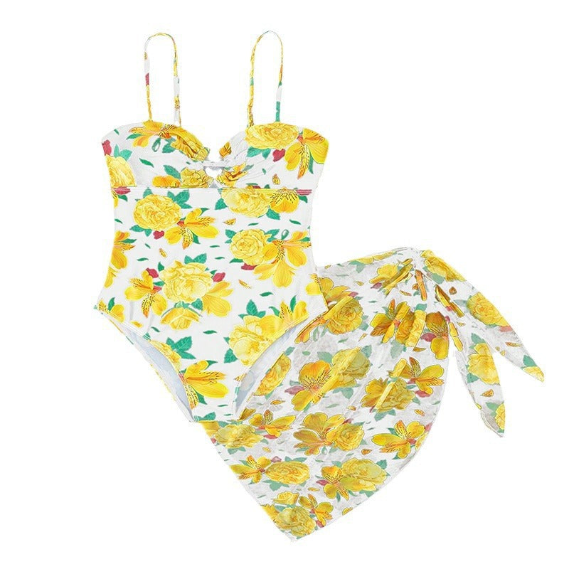 Damen Einteiler Badeanzug mit elegantem Wickelrock und floralem Muster Drune