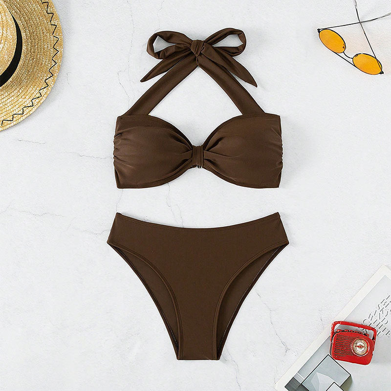 Damen Bandeau-Bikini mit dekorativem Knoten und hoher Taille Drune