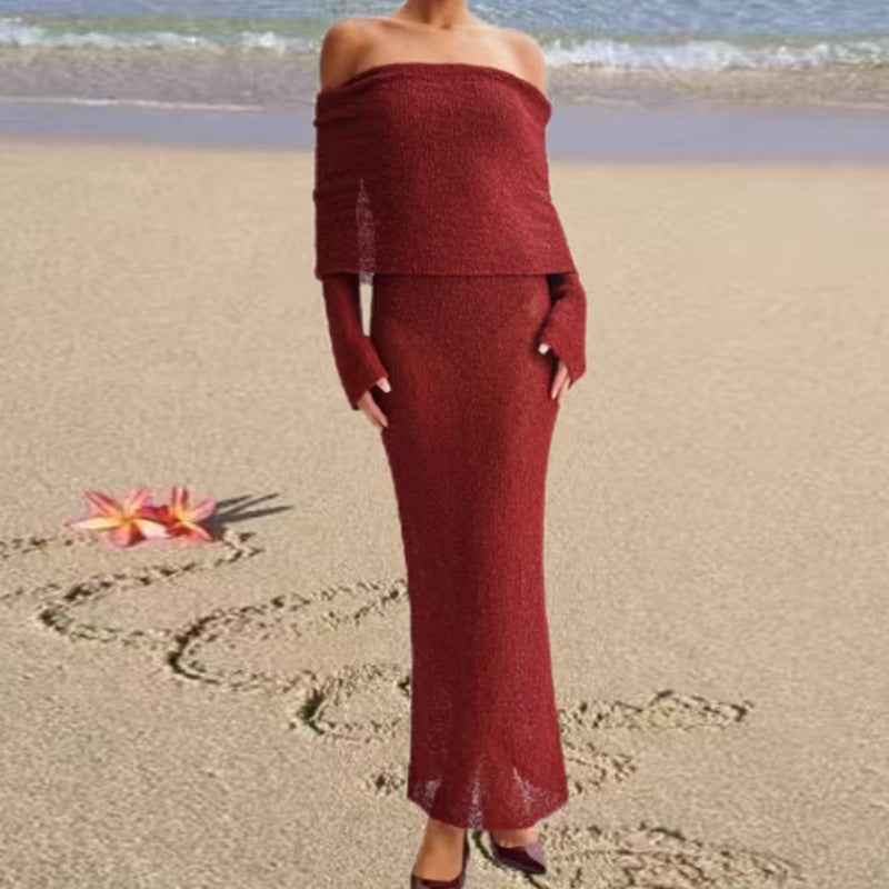 Damen Off-Shoulder Strickkleid mit langen Ärmeln und eleganter Silhouette Drune