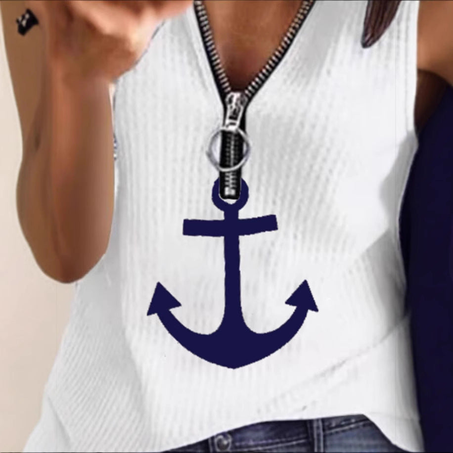 Damen Sportliches T-Shirt mit Reißverschluss und maritimen Motiven Drune