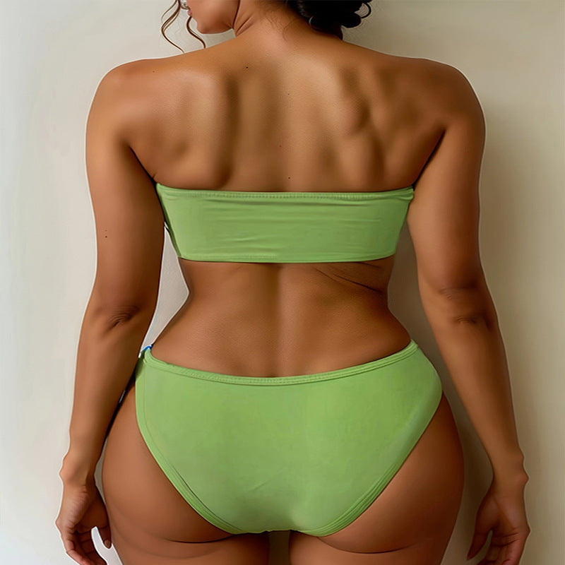 Damen Bandeau-Bikini-Set mit farbenfroher Schnürung und hohem Beinausschnitt Drune