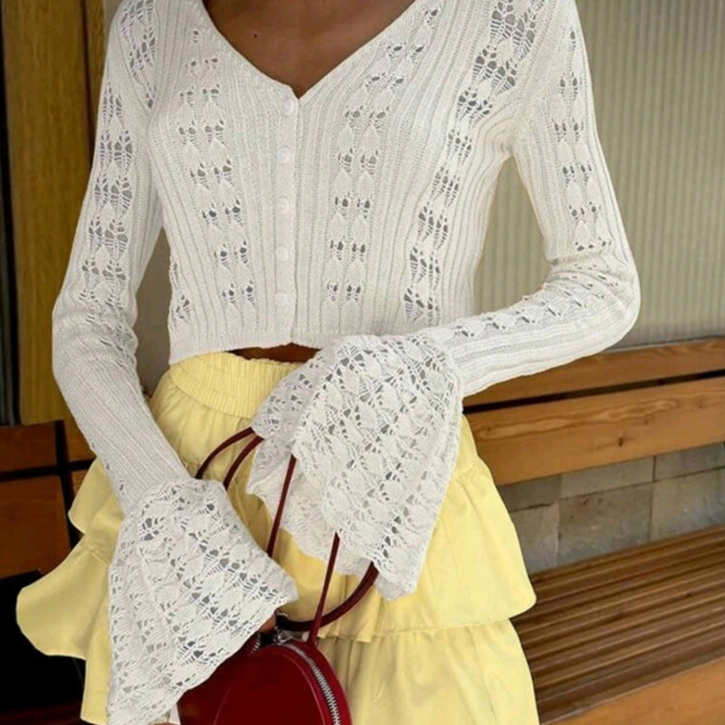 Damen Stylische Strickjacke mit V-Ausschnitt und Schlagärmeln Drune