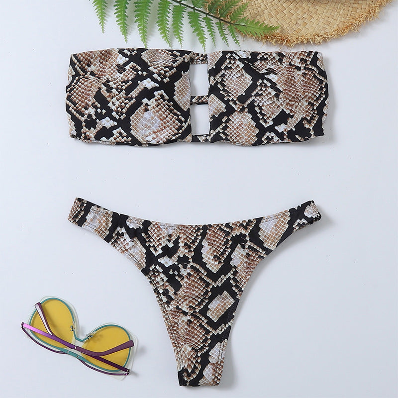 Damen Bikiniset mit raffiniertem Schlüsselelement und Snake-Print Drune