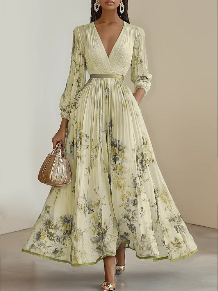 Pauline | Damen Sommer Blumen Maxikleid mit V-Ausschnitt und Langarm
