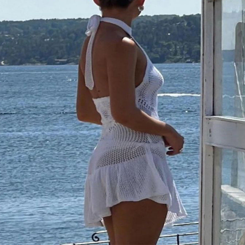 Damen luftiges Strandkleid mit feinem Häkelmuster und voluminösem Saum Drune