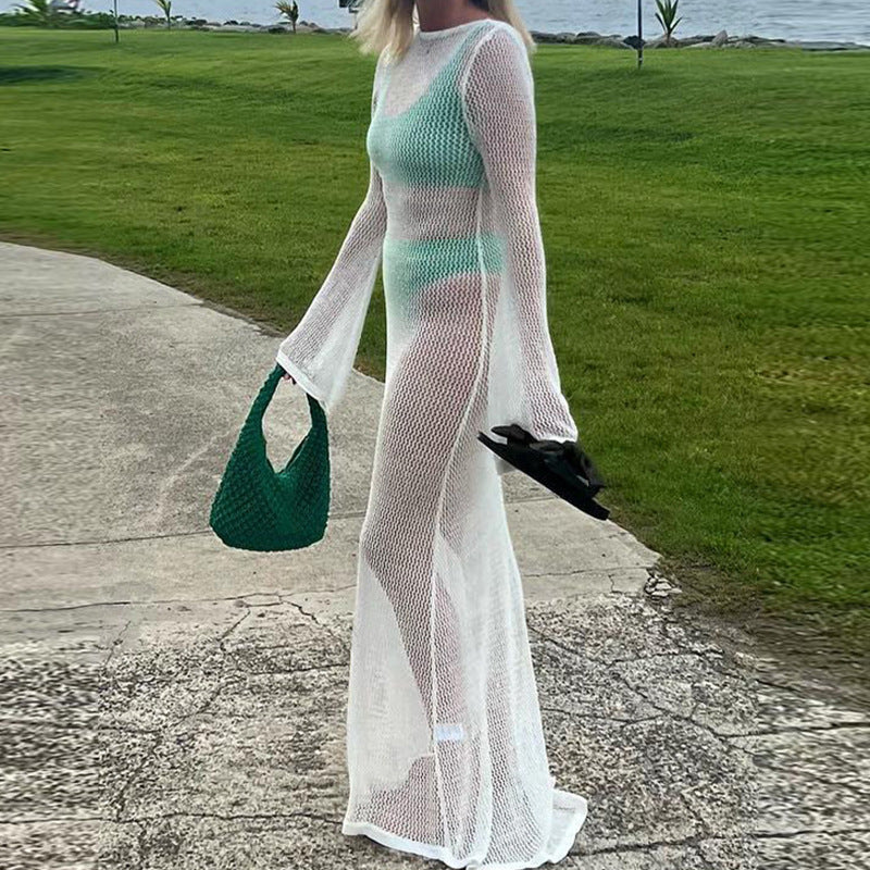 Damen transparentes Strandkleid aus Netzmaterial mit weitem Schnitt und offenen Ärmeln Drune
