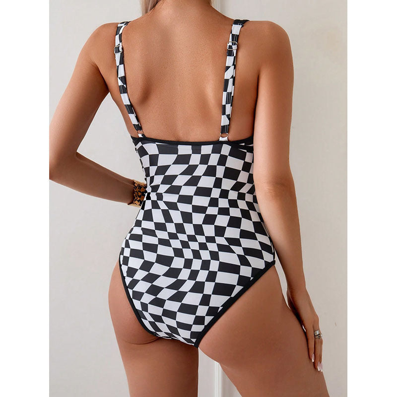 Damen Einteiler Badeanzug mit aufregendem Schachbrettmuster und figurbetonendem Design Drune
