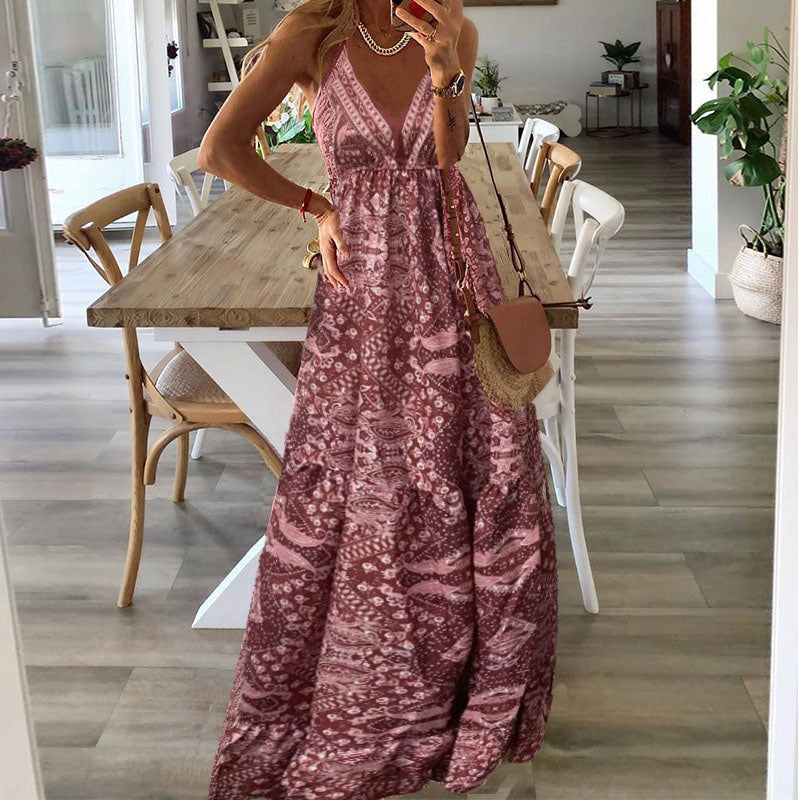 Damen Boho V-Ausschnitt Fließendes Maxi Kleid